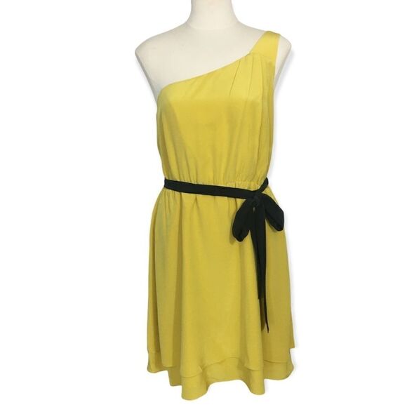 Nell Couture Yellow One Shoulder Black Tie 100% Silk Dress Size 4 - Picture 3 of 8